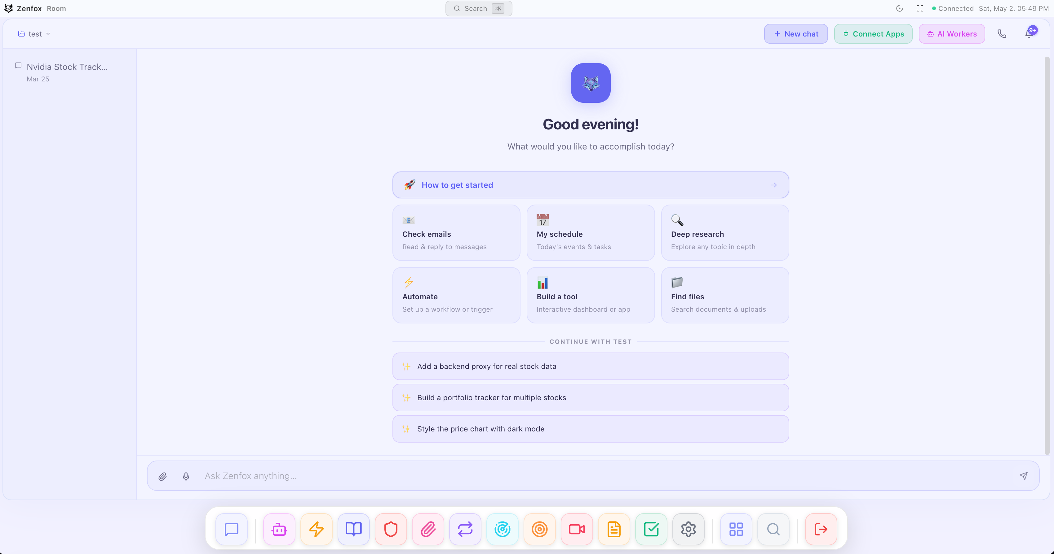 Zenfox Room — the AI Operating System desktop interface with chat, dock, AI Workers, and quick actions