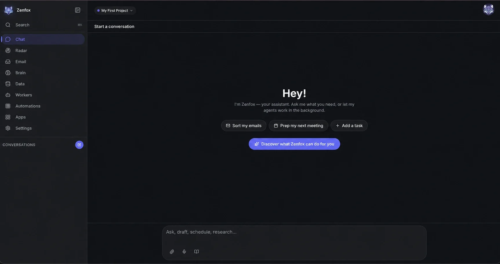 Zenfox app welcome screen with navigation for chat, knowledge, data, AI workers, automations, and apps.